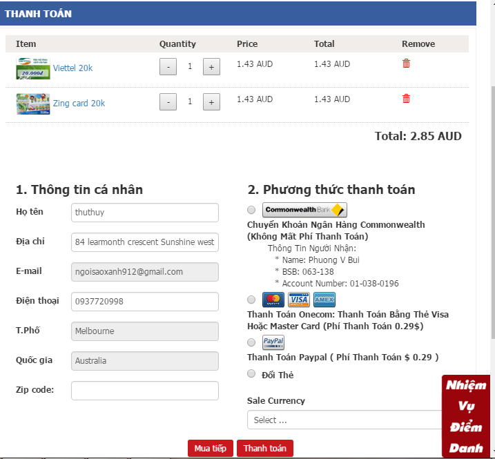Cách mua thẻ điện thoại qua Paypal hoặc Credit card, Debit card